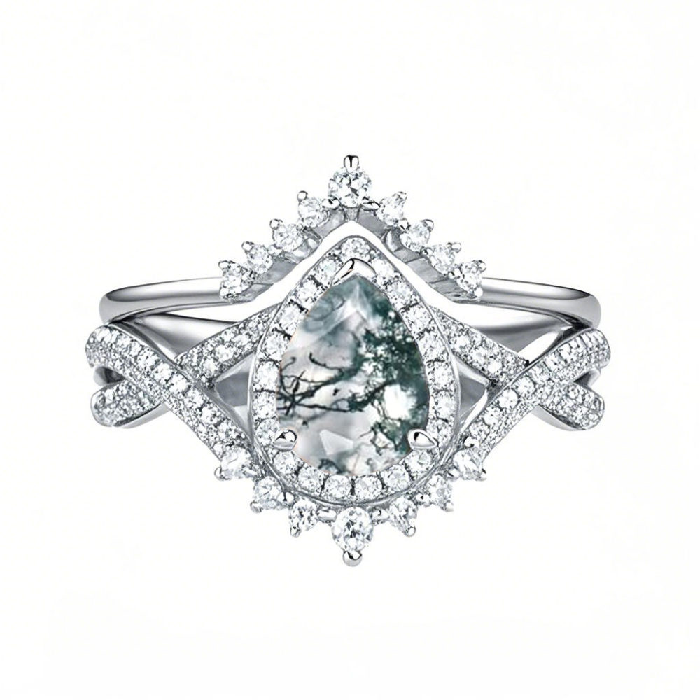 10K White Gold 1.5 to 5 CT Pear Cut Cut Moss Agate Custom Engraving Engagement Band-1