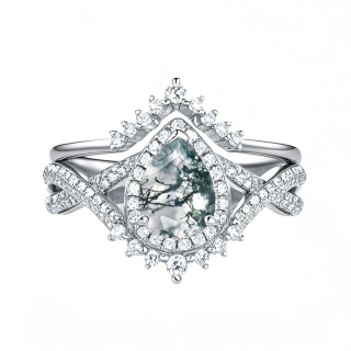 10K White Gold 1.5 to 5 CT Pear Cut Cut Moss Agate Custom Engraving Engagement Band-6
