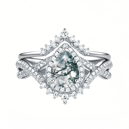 10K White Gold 1.5 to 5 CT Pear Cut Cut Moss Agate Custom Engraving Engagement Band