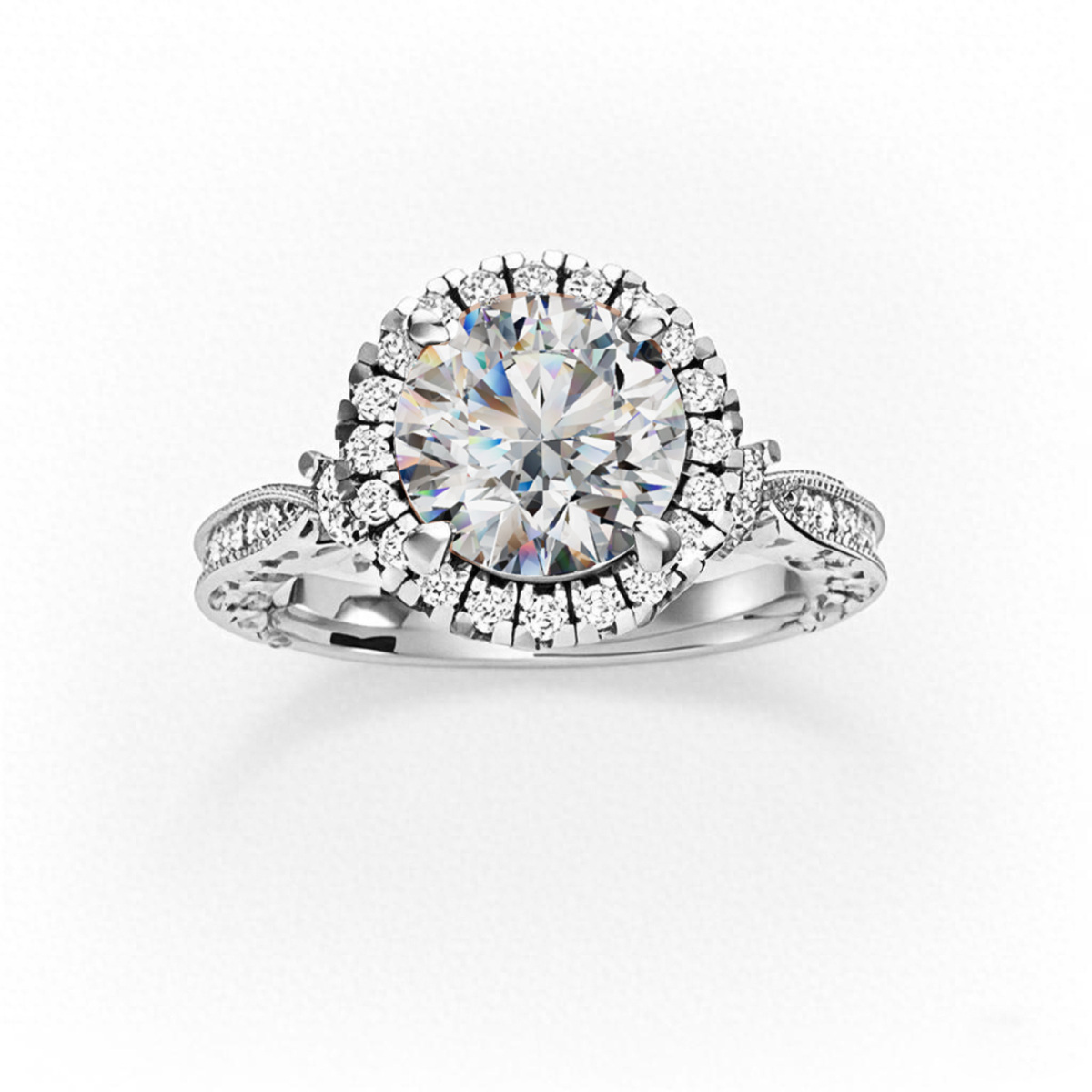 Anillo de compromiso de oro blanco de 14 quilates con halo de invierno de moissanita redonda de 1,51 quilates de peso total.-1