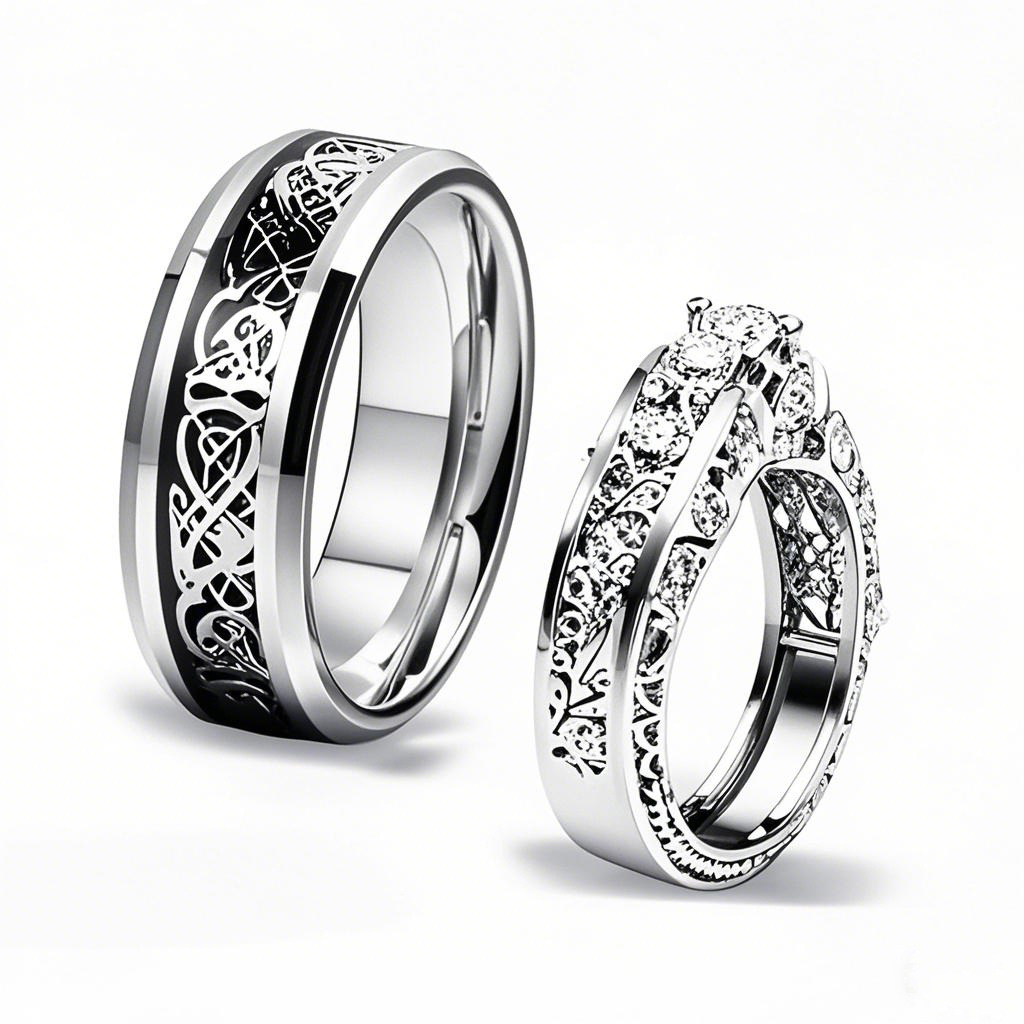 10K White Gold 0.57 CT.T.W. Round Lab Created Diamond Tungsten Carbide Couple Rings D VVS1-VS1 3EX IGI Certified-1
