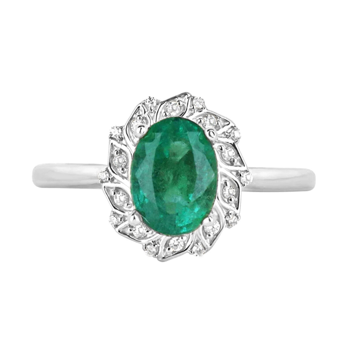 10K White Gold 1.6 CT.T.W. Oval Cut Natrual Emerald & Diamond Floral Inspired Halo Engagement Band H Color VS Clarity-1