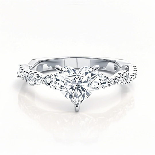 10K White Gold 0.75 to 3.25 CT.T.W. Heart Lab Created Diamond 4 Prong Setting Side Stone Engagement Band IGI Certified