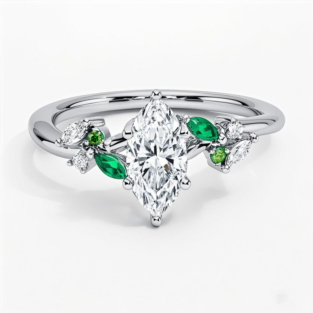 18K White Gold 0.75 to 3.25 CT.T.W. Marquise Cut Lab Created Diamond & Emerald Engagement Band IGI Certified-1