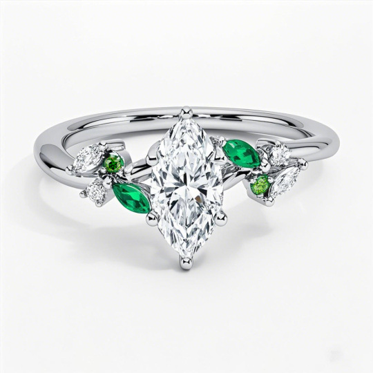 10K White Gold 0.75 to 3.25 CT.T.W. Marquise Cut Lab Created Diamond & Emerald Engagement Band IGI Certified