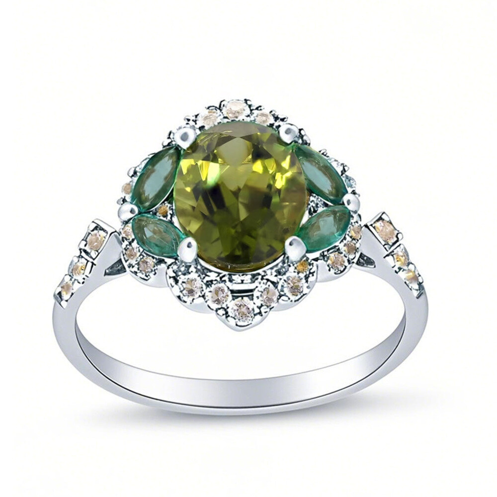 10K White Gold 2.8 CT.T.W. Oval Cut Olivine & Emerald & Topaz Custom Band-1
