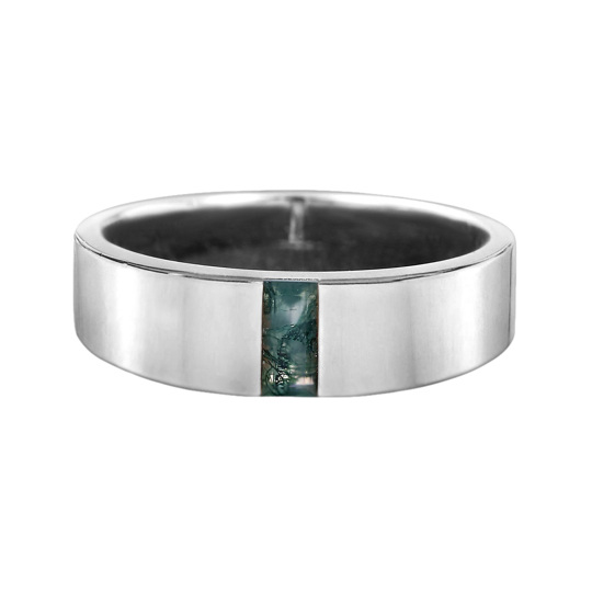 Platinum Baguette Cut Moss Agate Ring for Men