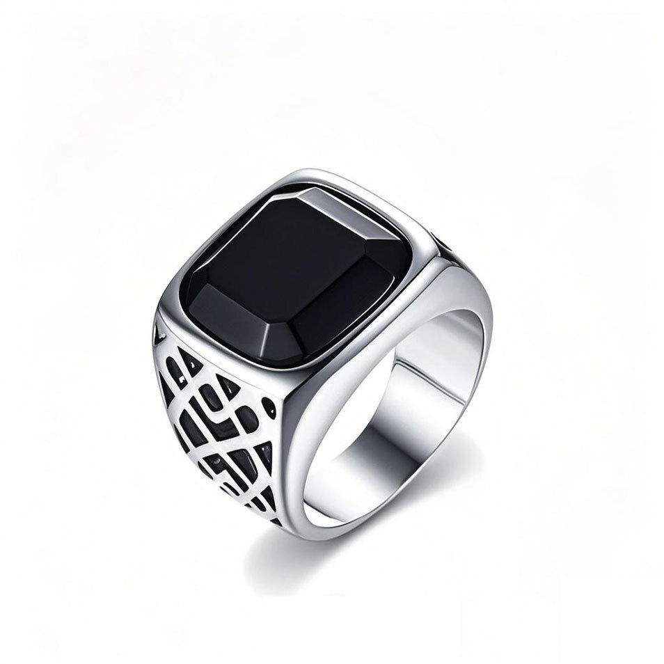 10K White Gold Black Agate Ring for Men-1
