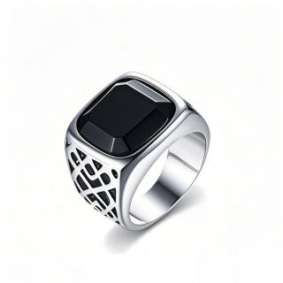 10K White Gold Black Agate Ring for Men-14