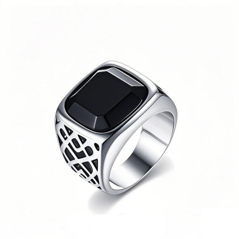 10K White Gold Black Agate Ring for Men-12