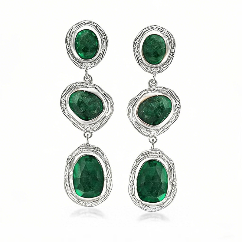 10K White Gold 18 CT.T.W. Emerald Station Drop Earrings-1
