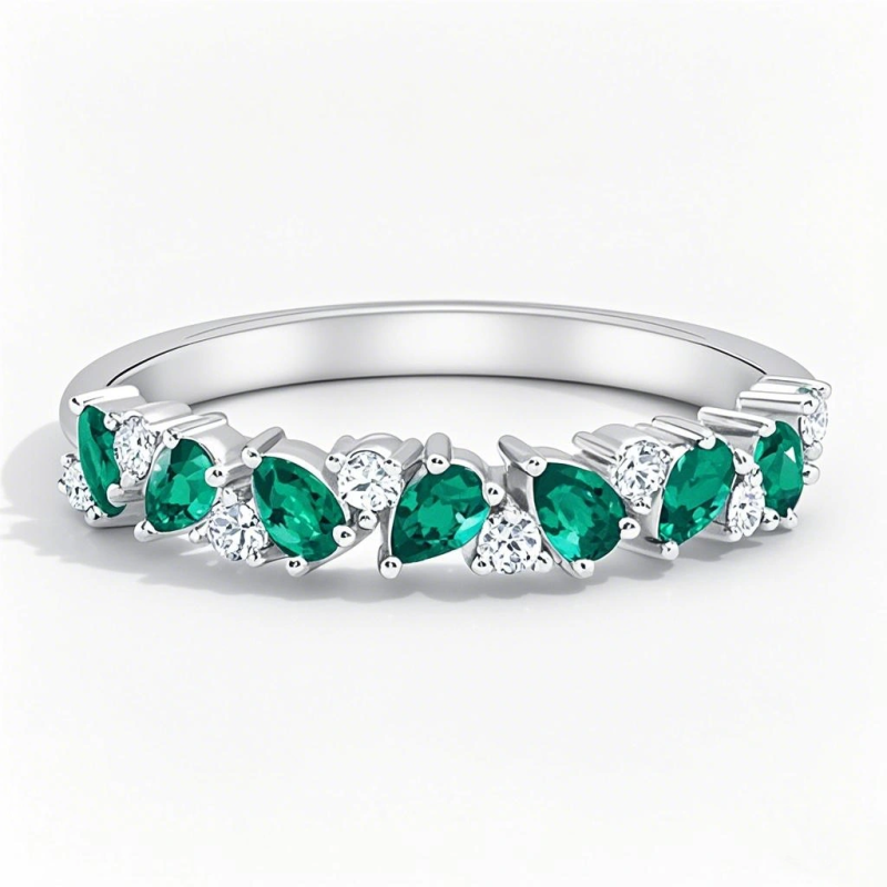 Platinum 1 CT.T.W. Pear Cut Lab Created Emerald & Round Cut Diamond Eternity Custom Wedding Band-1
