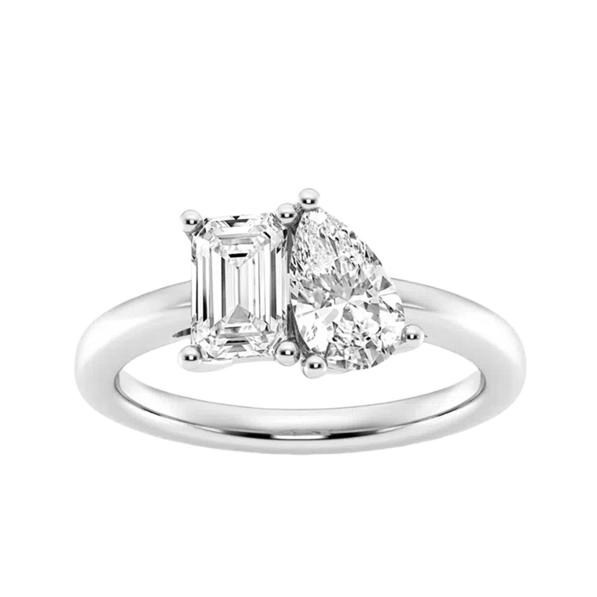 Anillo de compromiso personalizado de platino con moissanita y esmeralda en forma de pera de 2 quilates de peso total.-1