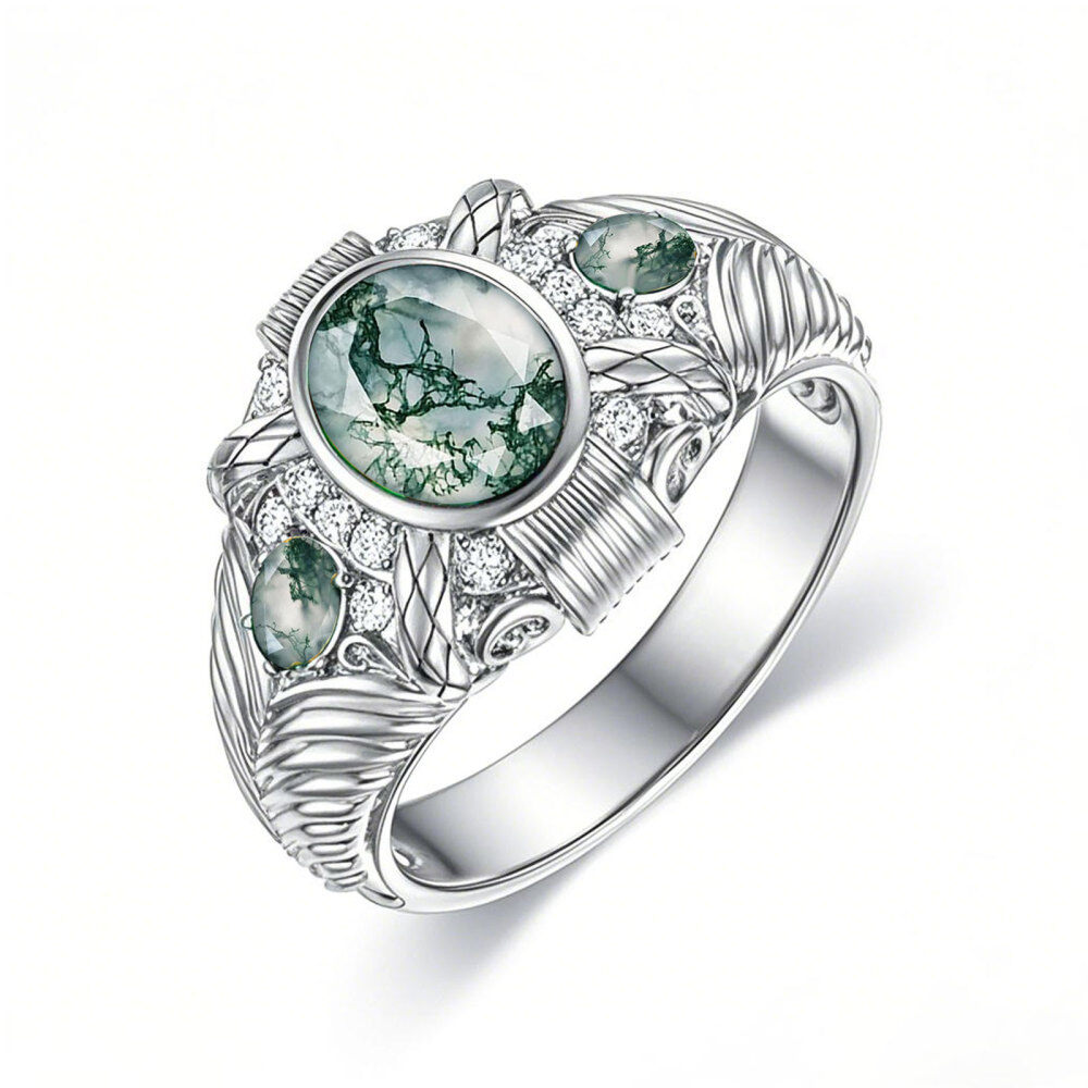 10K White Gold 2 CT Round Cut Moss Agate Personalized Engraving Band-1