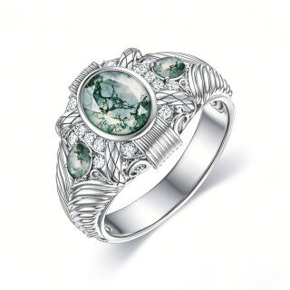 10K White Gold 2 CT Round Cut Moss Agate Personalized Engraving Band-14
