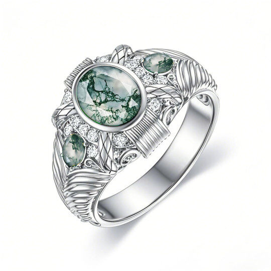 10K White Gold 2 CT Round Cut Moss Agate Personalized Engraving Band