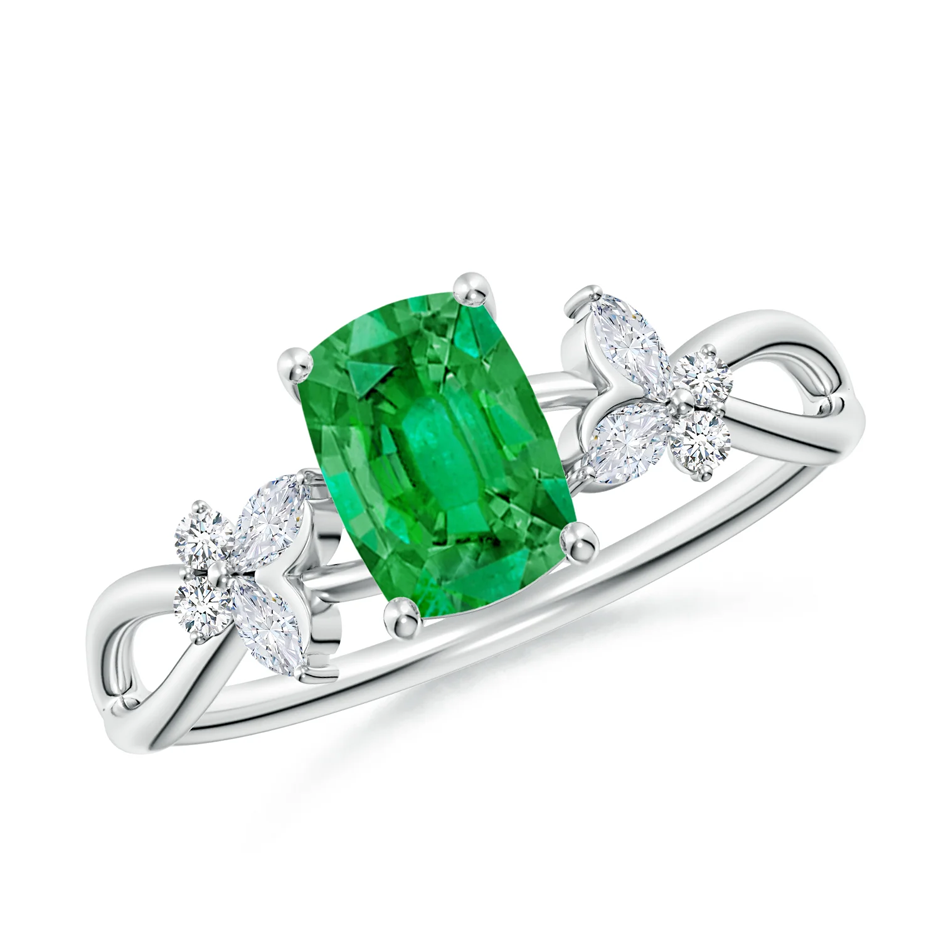 Anillo de compromiso de platino con esmeralda de talla cojín y diamantes de 0,1 quilates de peso total.-1