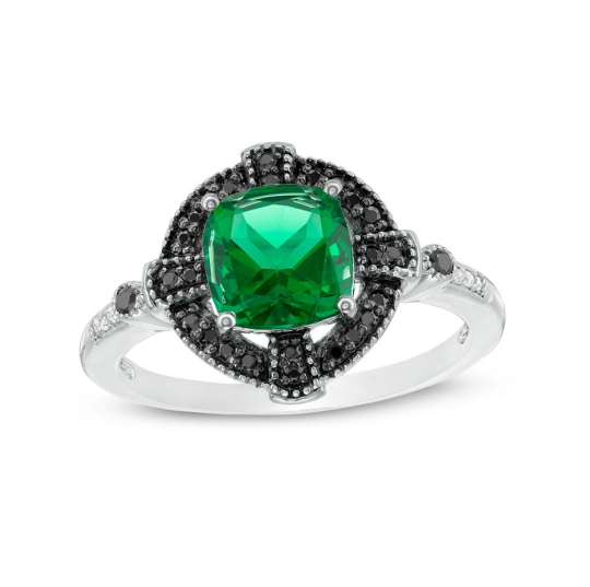 Platinum Cushion Cut Emerald & 0.15 CT.T.W. Black and White Diamond Gothic-Style Cross Frame Engagement Band