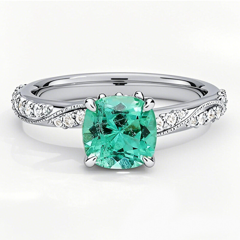 Anello di fidanzamento in oro bianco 10 carati con smeraldo taglio cuscino da 0,3 ct. e diamanti T.W. con accenti nascosti-14
