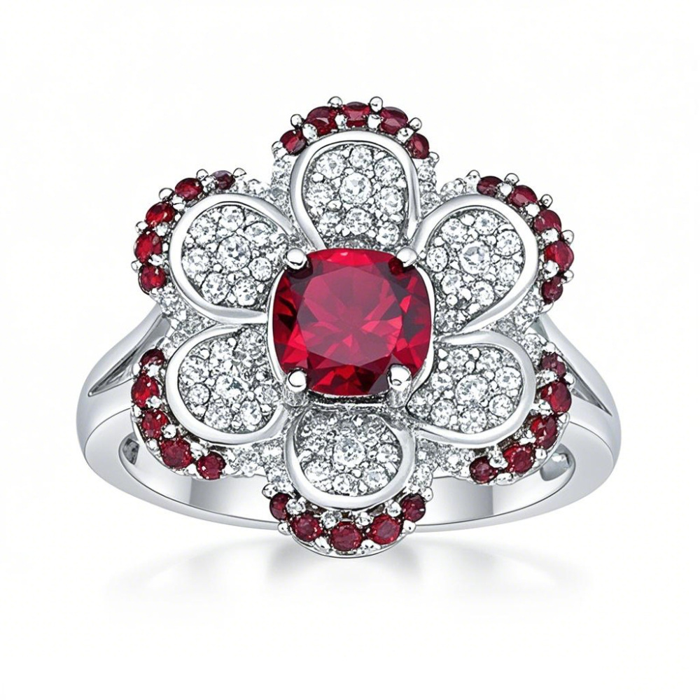 10K White Gold Cushion Garnet with Round White Sapphire Flower Split Shank Couple Custom Engraving Band-1