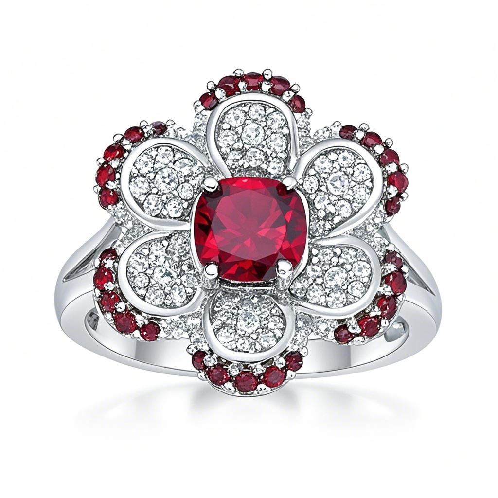 Platinum Cushion Garnet with Round White Sapphire Flower Split Shank Couple Custom Engraving Band-1