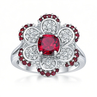 10K White Gold Cushion Garnet with Round White Sapphire Flower Split Shank Couple Custom Engraving Band-18