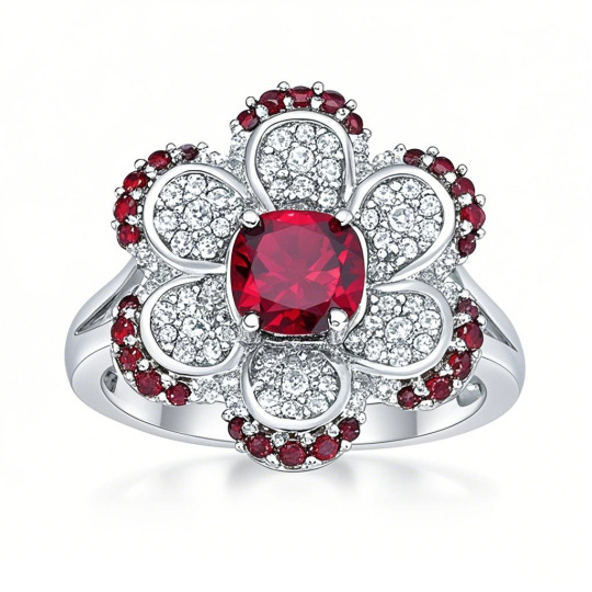 Platinum Cushion Garnet with Round White Sapphire Flower Split Shank Couple Custom Engraving Band