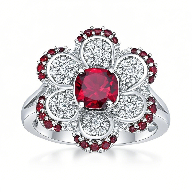 10K White Gold Cushion Garnet with Round White Sapphire Flower Split Shank Couple Custom Engraving Band-19