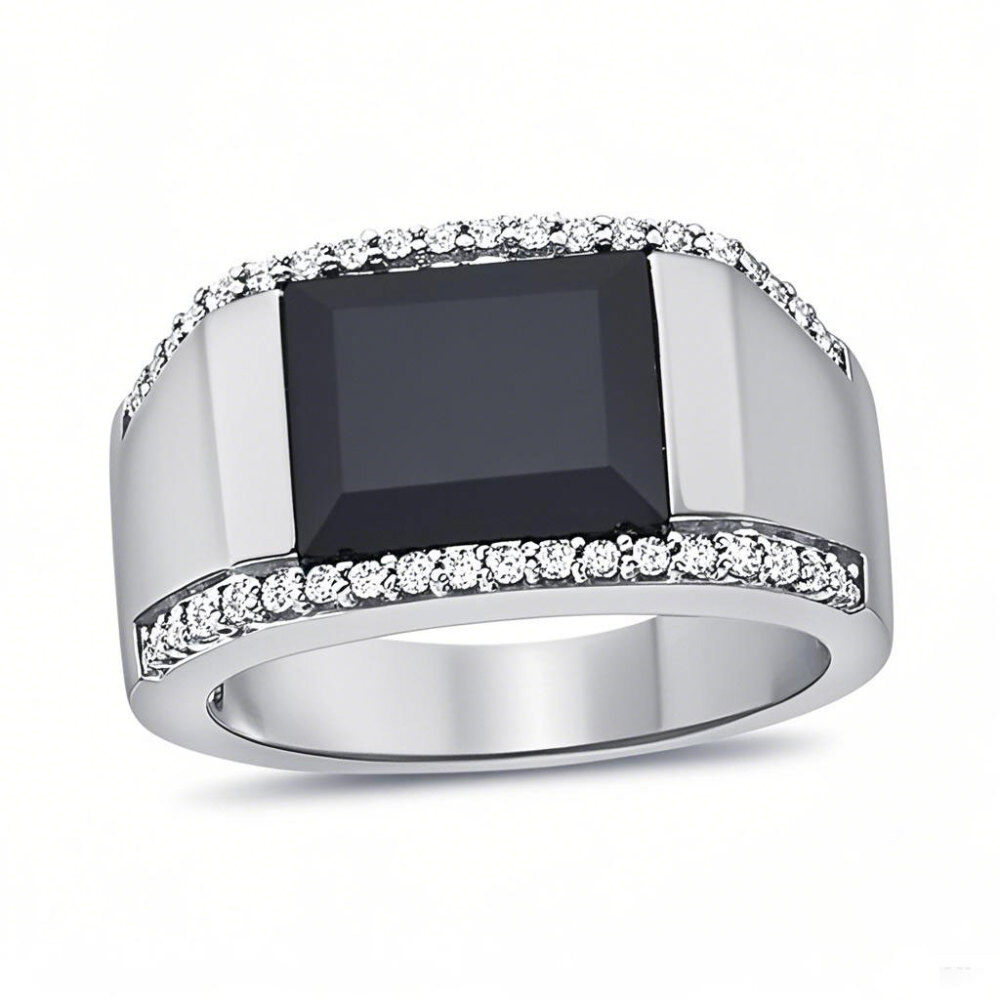 10K White Gold Cushion Shaped Agate & Diamond Custom Signet Ring for Men I Color I3 Clarity 3EX-1