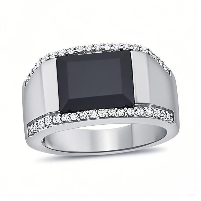 Anel de sinete personalizado em ouro branco 10K com formato de almofada e diamante de ágata para homens, cor I3, clareza 3EX-1