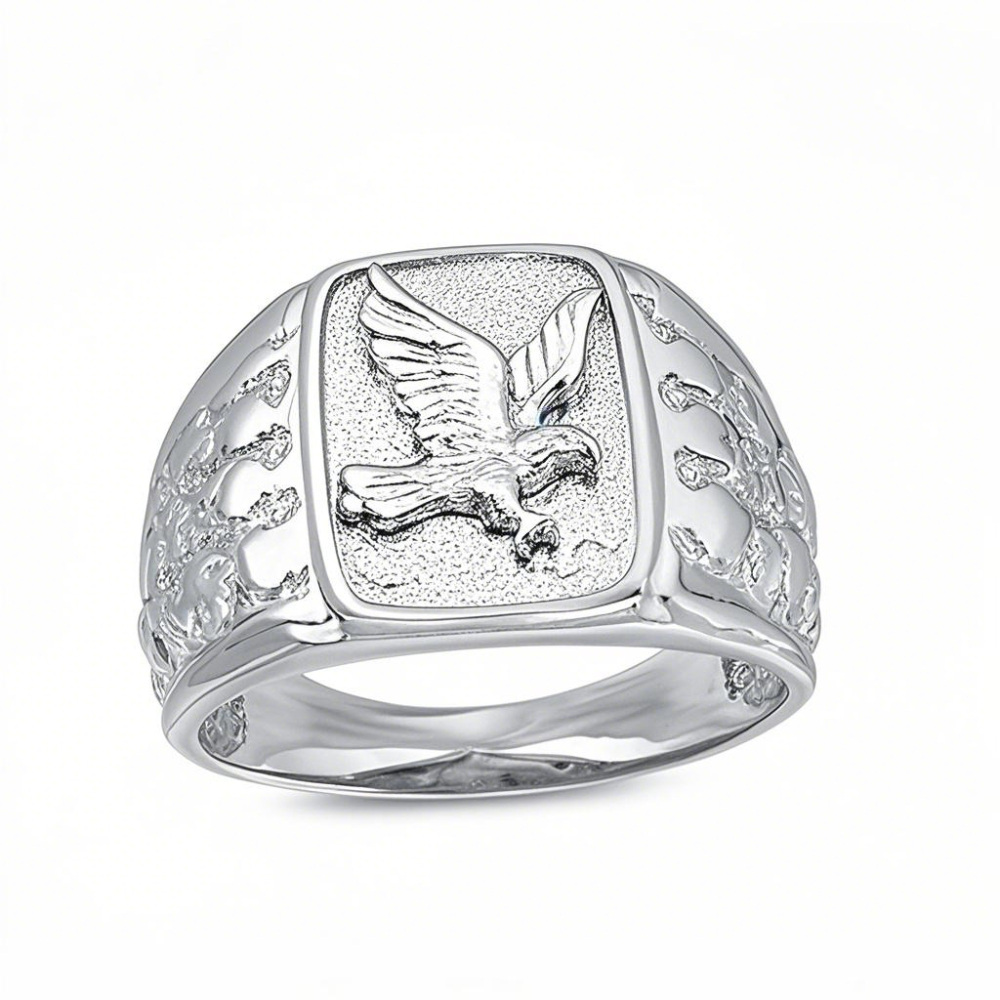 Anillo de sello rectangular de águila con grabado personalizado en oro blanco de 10 quilates para hombre-1