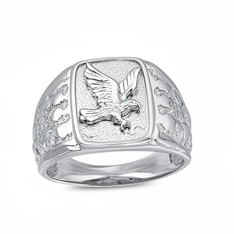 10K White Gold Custom Engraving Eagle Rectangular Signet Ring for Men-4
