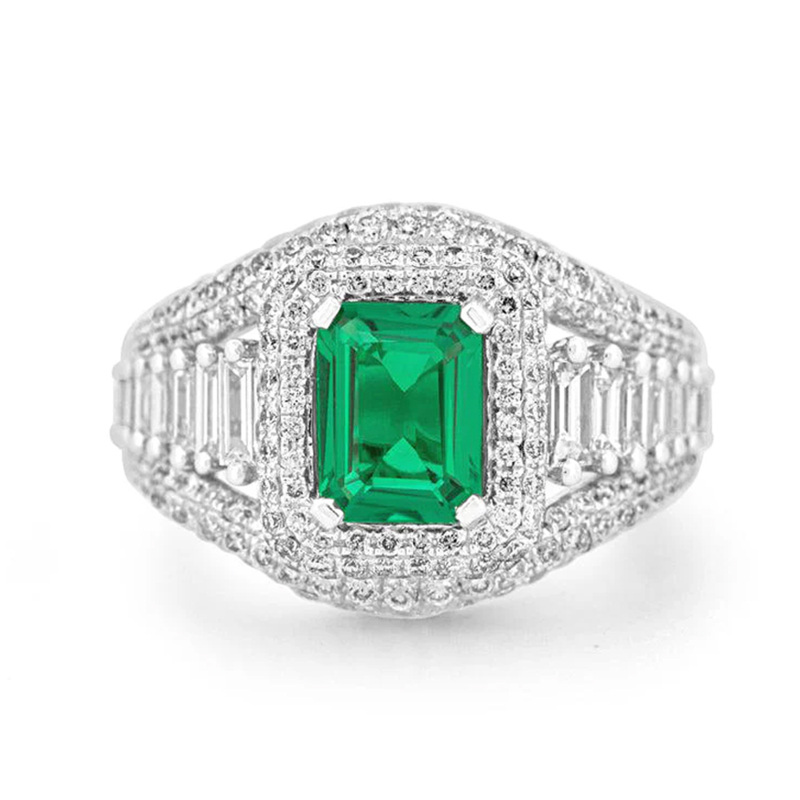 18K White Gold Emerald Cut Emerald & 2.3 CT.T.W. Lab Created Diamond Engagement Band-1