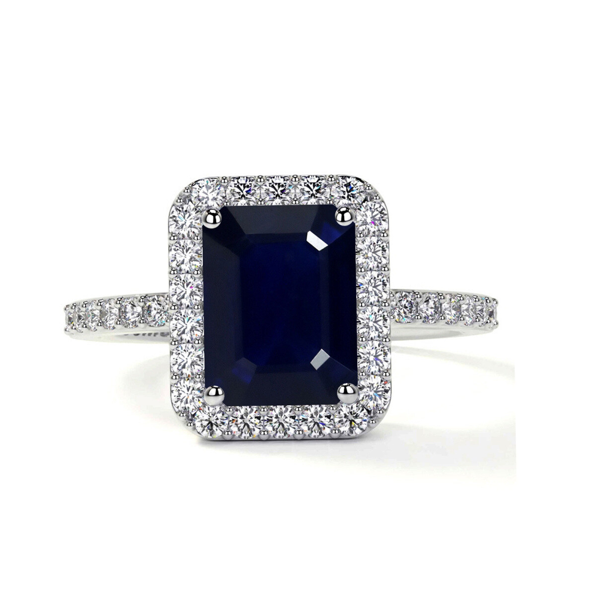Anillo de compromiso personalizado de oro blanco de 14 quilates con corte esmeralda y halo clásico engastado en garras.-1