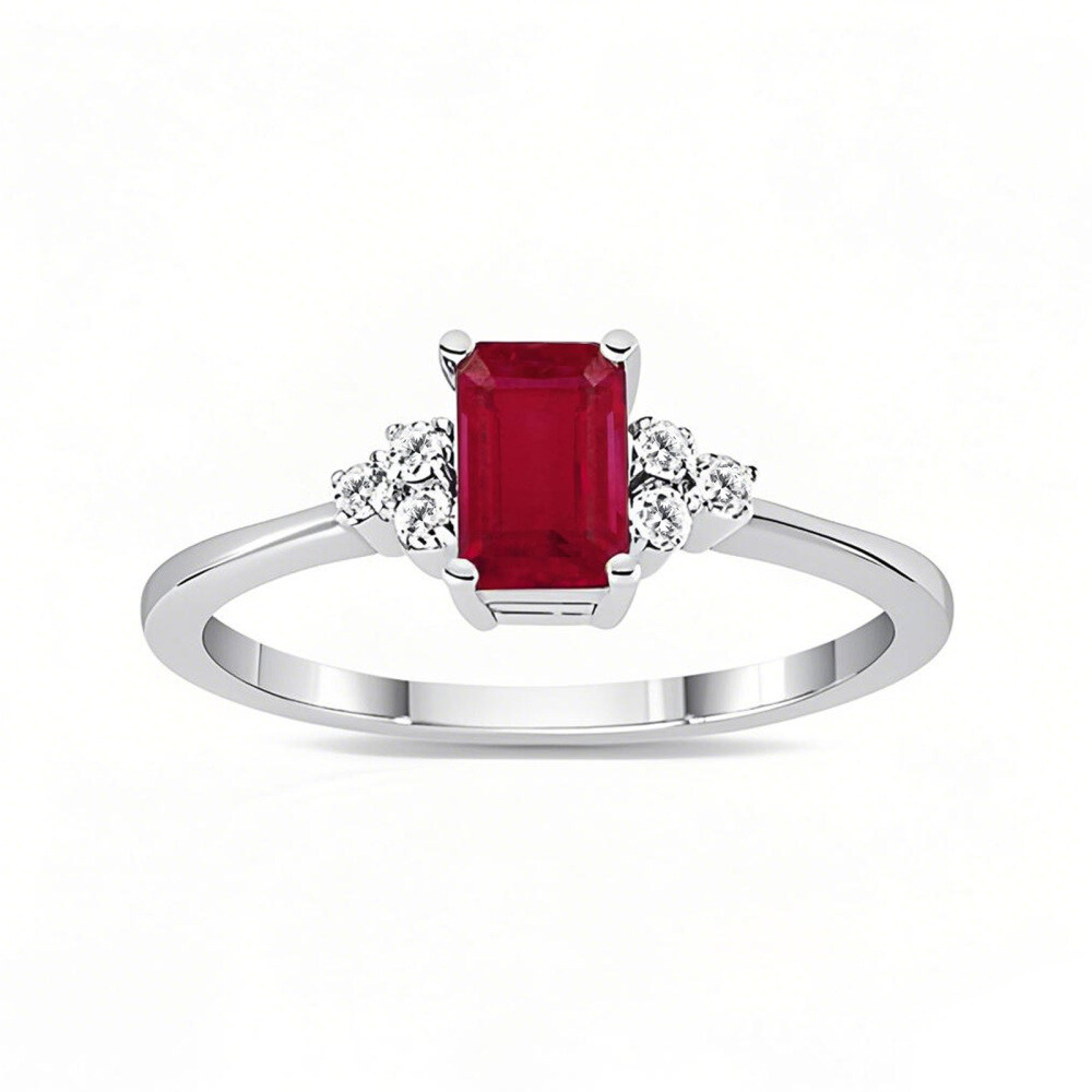 Anillo de compromiso de oro blanco de 10 quilates con corte esmeralda y piedras preciosas-1