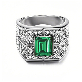 10K White Gold Emerald Cut Emerald & Moissanite Wedding Band Best Gift for Husband-8