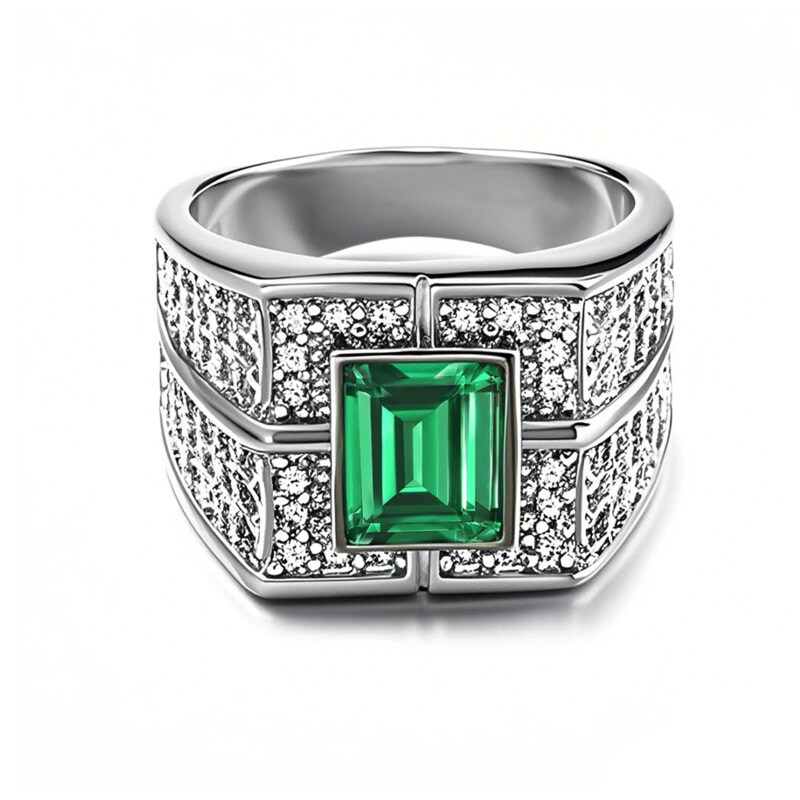 10K White Gold Emerald Cut Emerald & Moissanite Wedding Band Best Gift for Husband-8