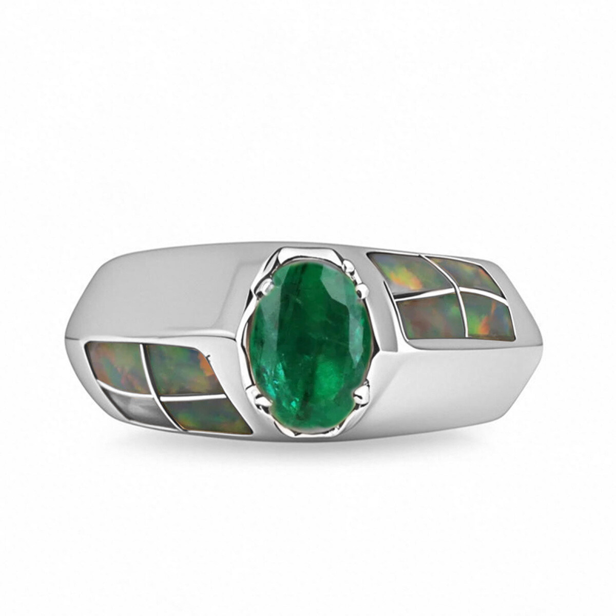 Platinum Green 2 to 7 CT Oval Emerald & Opal Accent Statement Custom Ring for Men-1