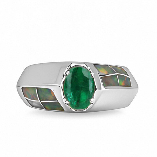 Platinum Green 2 to 7 CT Oval Emerald & Opal Accent Statement Custom Ring for Men