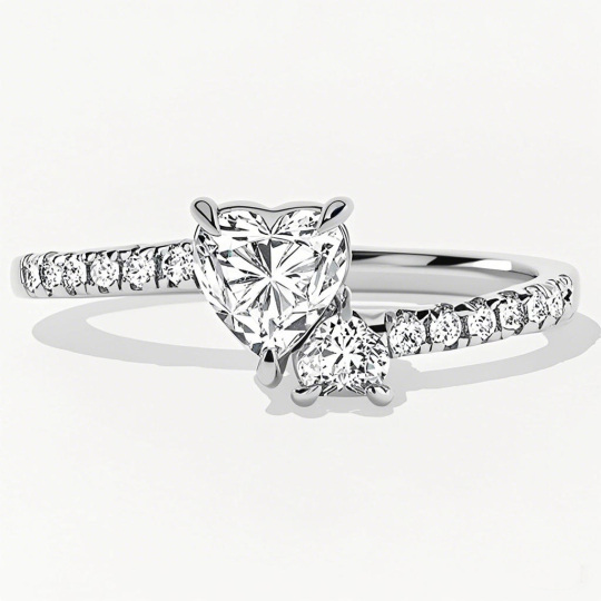 10K White Gold Two Heart Cut Halo Moissanite Engagement Ring
