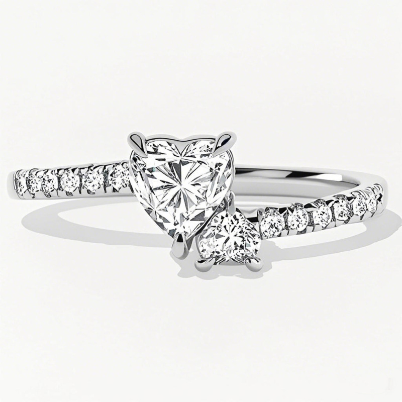 10K White Gold Two Heart Cut Halo Moissanite Engagement Ring-20