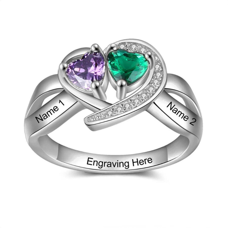 10K White Gold Heart Personalised Birthstone & Personalised Engraving Ring For Women-1