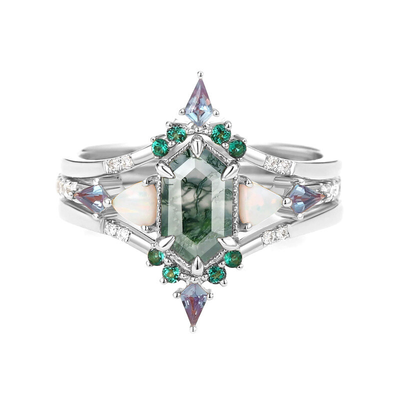 10K White Gold Hexagon Cut Moss Agate Engagement Ring-1