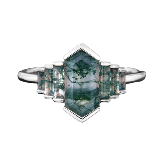 Platinum Hexagon Cut Moss Agate Ring