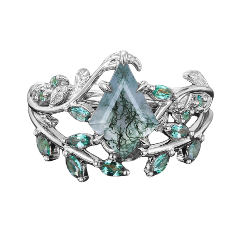 10K White Gold Kite Cut Leaves Moss Agate Bridal Set-1