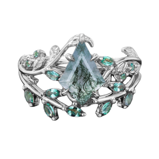 Platinum Kite Cut Leaves Moss Agate Bridal Set