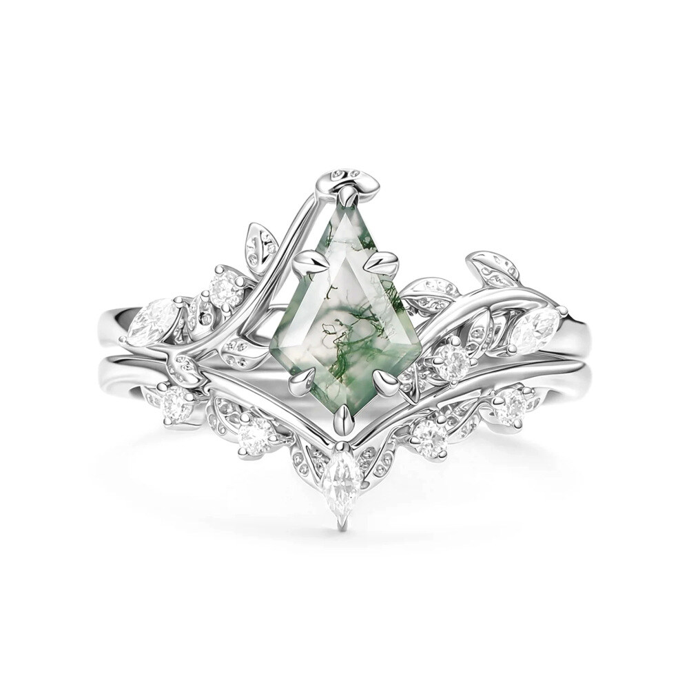 Platinum Kite Cut Leaves Moss Agate Engagement Ring-1