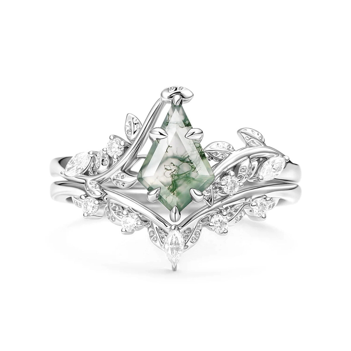 Anillo de compromiso de platino con ágata musgosa y hojas talladas en forma de cometa-1