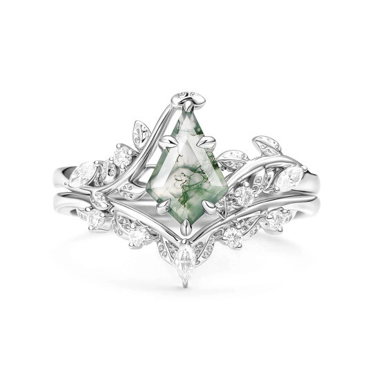Platinum Kite Cut Leaves Moss Agate Engagement Ring