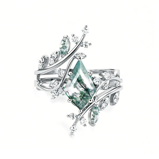 Platinum Kite Cut Moss Agate Engagement Ring
